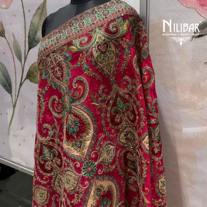 Rani Pink, Gold & Green Silk Heavy Embroidered Dupatta