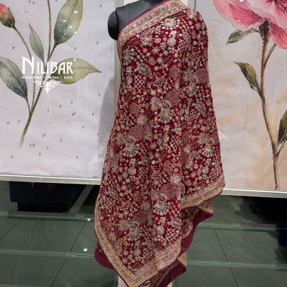Deep Maroon Velvet Heavy Multicolour Embroidered Dupatta