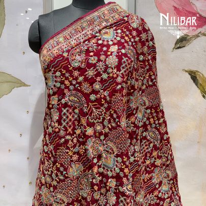 Deep Maroon Velvet Heavy Multicolour Embroidered Dupatta