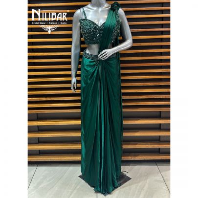 Bottle Green Satin Drape Saree