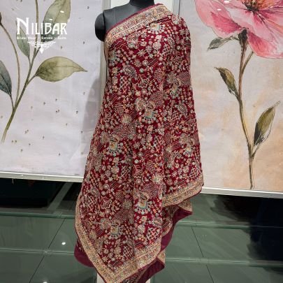 Deep Maroon Velvet Heavy Multicolour Embroidered Dupatta