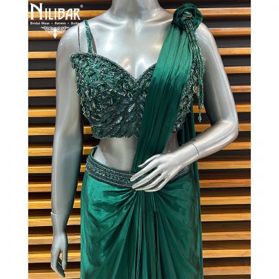 Bottle Green Satin Drape Saree