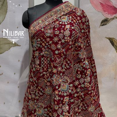 Deep Maroon Velvet Heavy Multicolour Embroidered Dupatta