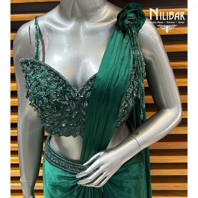 Bottle Green Satin Drape Saree