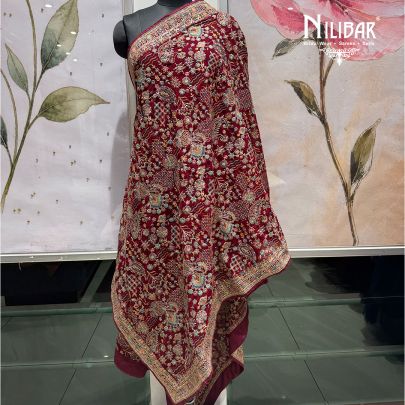 Deep Maroon Velvet Heavy Multicolour Embroidered Dupatta