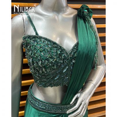 Bottle Green Satin Drape Saree