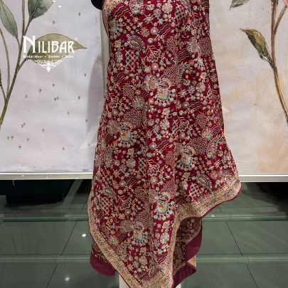Deep Maroon Velvet Heavy Multicolour Embroidered Dupatta