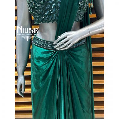 Bottle Green Satin Drape Saree