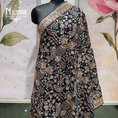 Midnight Blue Georgette Heavy Multicolour Embroidered Dupatta