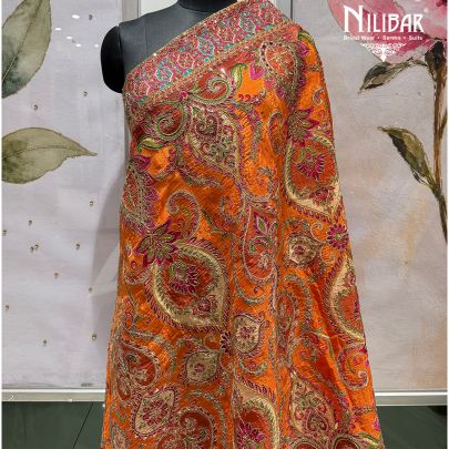 Vibrant Orange Silk Heavy Multicolour Embroidered Dupatta