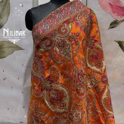 Vibrant Orange Silk Heavy Multicolour Embroidered Dupatta
