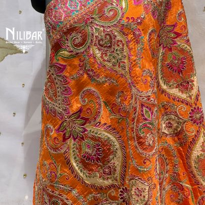 Vibrant Orange Silk Heavy Multicolour Embroidered Dupatta