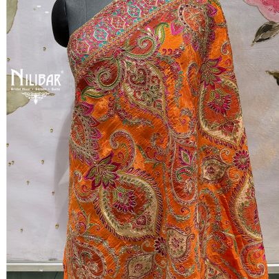 Vibrant Orange Silk Heavy Multicolour Embroidered Dupatta