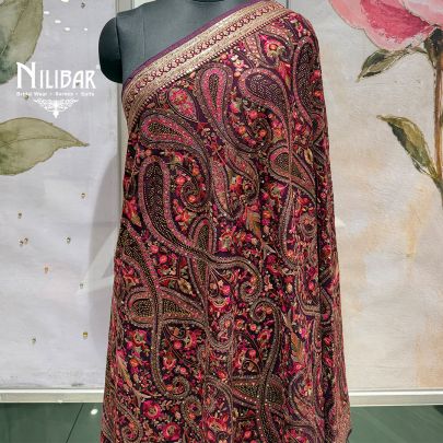 Burgundy Georgette Heavy Multicolour Embroidered Dupatta