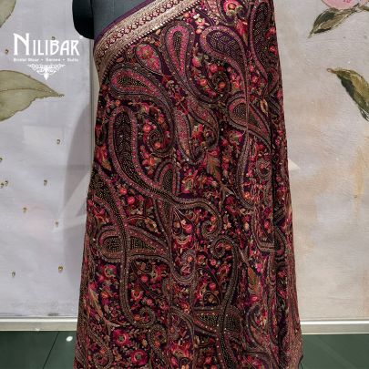 Burgundy Georgette Heavy Multicolour Embroidered Dupatta