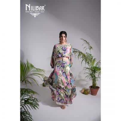 Beige Chinon Crop Top With Skirt