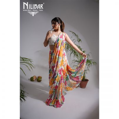 Off White & Multicolor Crepe Drape Sari