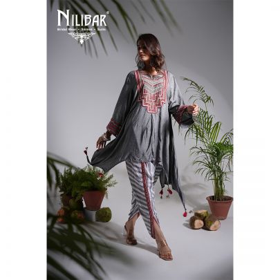 Grey Cotton Embroidered Dhoti Set