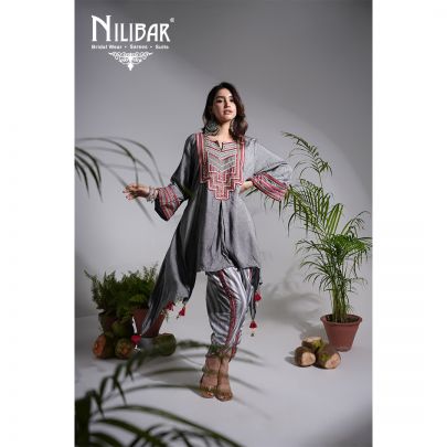 Grey Cotton Embroidered Dhoti Set