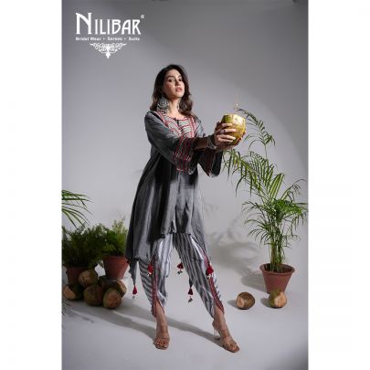 Grey Cotton Embroidered Dhoti Set