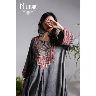 Grey Cotton Embroidered Dhoti Set