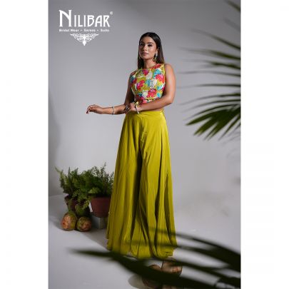 Parrot Green Crepe Embroidered Palazzo Set