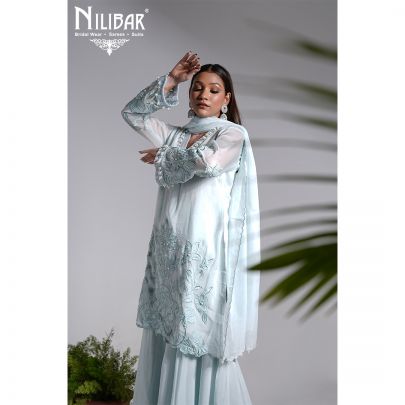 Blue Organza Embroidered Palazzo Set