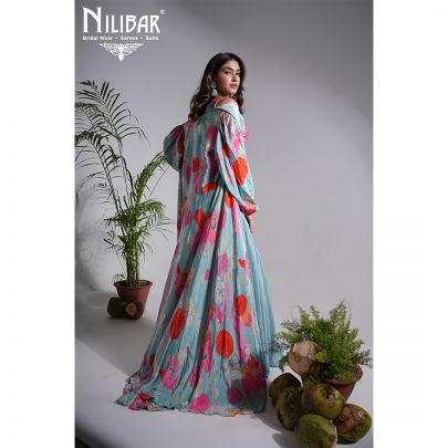 Blue Crepe Embroidered Jacket Style Set