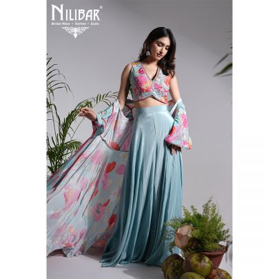 Blue Crepe Embroidered Jacket Style Set