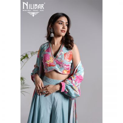 Blue Crepe Embroidered Jacket Style Set