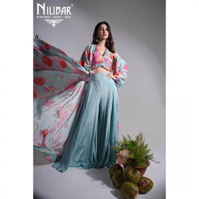Blue Crepe Embroidered Jacket Style Set