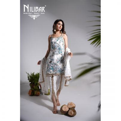 White & Sky Blue Crepe Dhoti Suit Set