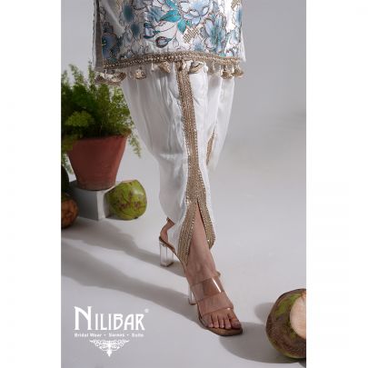 White & Sky Blue Crepe Dhoti Suit Set