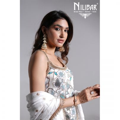 White & Sky Blue Crepe Dhoti Suit Set