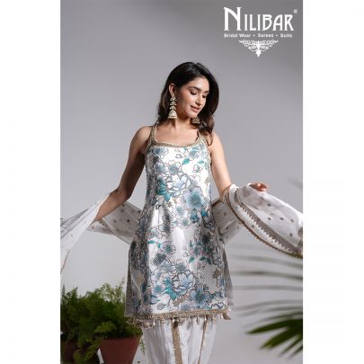 White & Sky Blue Crepe Dhoti Suit Set