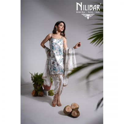 White & Sky Blue Crepe Dhoti Suit Set
