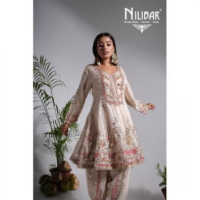 Light Beige Lame Silk Anarakli With Dhoti Set