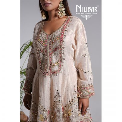 Light Beige Lame Silk Anarakli With Dhoti Set