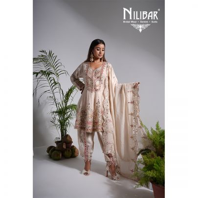 Light Beige Lame Silk Anarakli With Dhoti Set