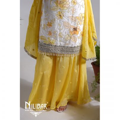 White & Yellow Crepe Palazzo Suit