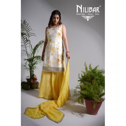 White & Yellow Crepe Palazzo Suit