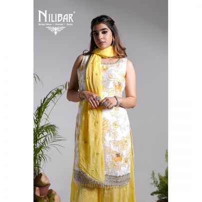 White & Yellow Crepe Palazzo Suit