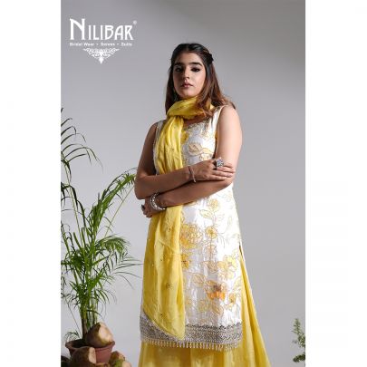 White & Yellow Crepe Palazzo Suit