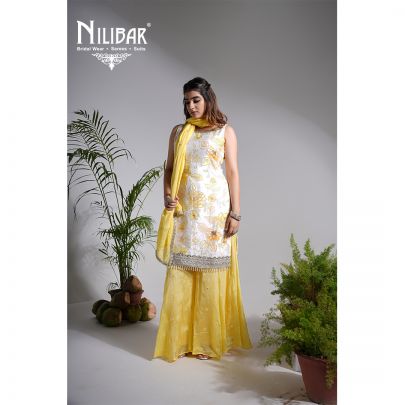 White & Yellow Crepe Palazzo Suit