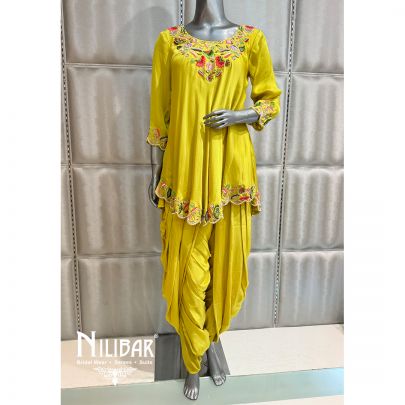 Lime Green Satin Embroidered Drape Set