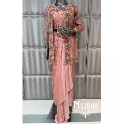 Pink Silk Embroidered Drape Set