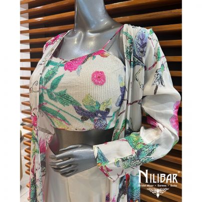 White Crepe Printed Jacket Set