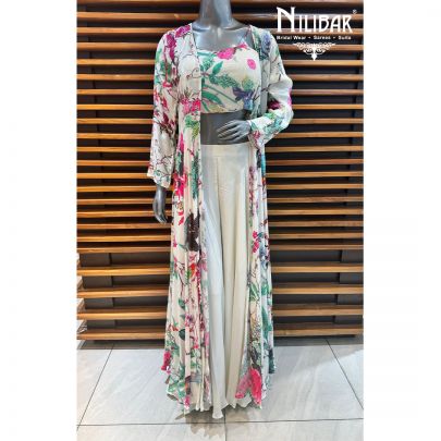 White Crepe Printed Jacket Set