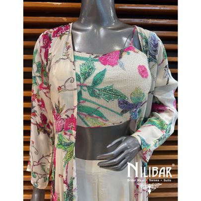 White Crepe Printed Jacket Set