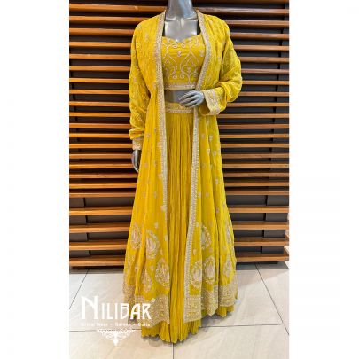 Yellow Organza Embroidered Jacket Set
